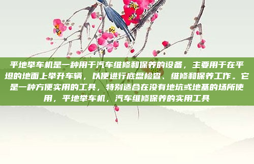 平地举车机是一种用于汽车维修和保养的设备，主要用于在平坦的地面上举升车辆，以便进行底盘检查、维修和保养工作。它是一种方便实用的工具，特别适合在没有地坑或地基的场所使用，平地举车机，汽车维修保养的实用工具