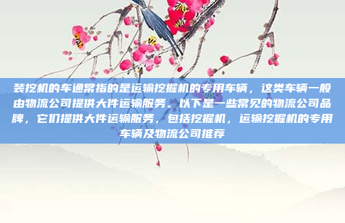 装挖机的车通常指的是运输挖掘机的专用车辆,这类车辆一般由物流公司提供大件运输服务。以下是一些常见的物流公司品牌,它们提供大件运输服务,包括挖掘机,运输挖掘机的专用车辆及物流公司推荐