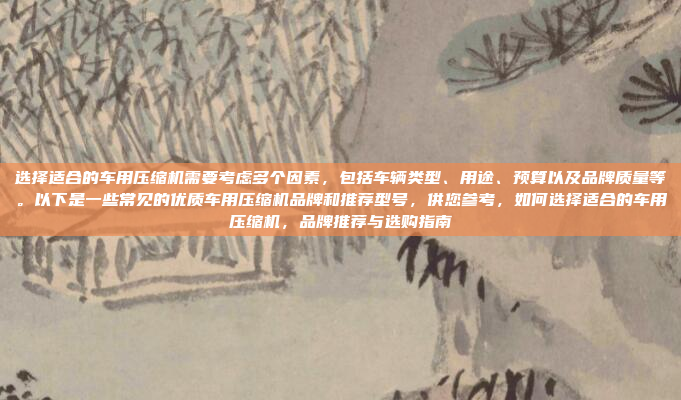 选择适合的车用压缩机需要考虑多个因素，包括车辆类型、用途、预算以及品牌质量等。以下是一些常见的优质车用压缩机品牌和推荐型号，供您参考，如何选择适合的车用压缩机，品牌推荐与选购指南