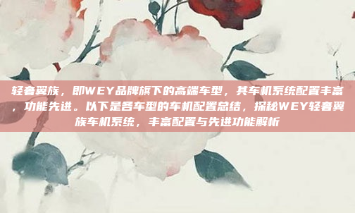 轻奢翼族,即WEY品牌旗下的高端车型,其车机系统配置丰富,功能先进。以下是各车型的车机配置总结,探秘WEY轻奢翼族车机系统,丰富配置与先进功能解析
