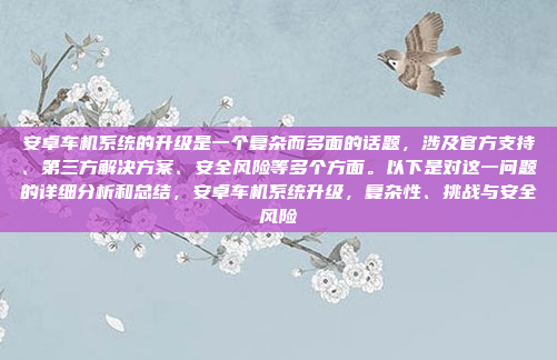 安卓车机系统的升级是一个复杂而多面的话题，涉及官方支持、第三方解决方案、安全风险等多个方面。以下是对这一问题的详细分析和总结，安卓车机系统升级，复杂性、挑战与安全风险