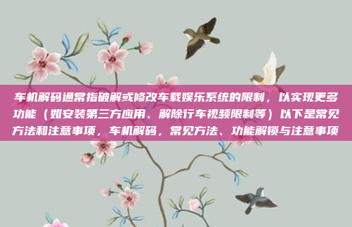 车机解码通常指破解或修改车载娱乐系统的限制，以实现更多功能（如安装第三方应用、解除行车视频限制等）以下是常见方法和注意事项，车机解码，常见方法、功能解锁与注意事项