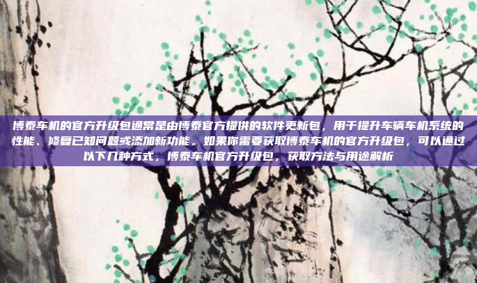 博泰车机的官方升级包通常是由博泰官方提供的软件更新包，用于提升车辆车机系统的性能、修复已知问题或添加新功能。如果你需要获取博泰车机的官方升级包，可以通过以下几种方式，博泰车机官方升级包，获取方法与用途解析