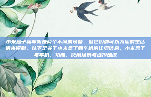 小米盒子和车机是两个不同的设备，但它们都可以为您的生活带来便利。以下是关于小米盒子和车机的详细信息，小米盒子与车机，功能、使用场景与选择建议