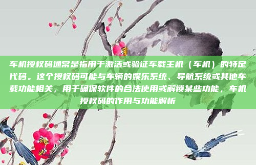 车机授权码通常是指用于激活或验证车载主机（车机）的特定代码。这个授权码可能与车辆的娱乐系统、导航系统或其他车载功能相关，用于确保软件的合法使用或解锁某些功能，车机授权码的作用与功能解析