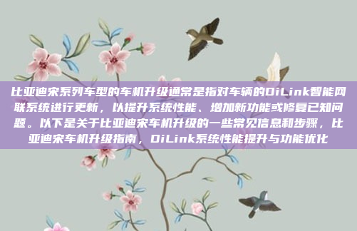 比亚迪宋系列车型的车机升级通常是指对车辆的DiLink智能网联系统进行更新,以提升系统性能、增加新功能或修复已知问题。以下是关于比亚迪宋车机升级的一些常见信息和步骤,比亚迪宋车机升级指南,DiLink系统性能提升与功能优化