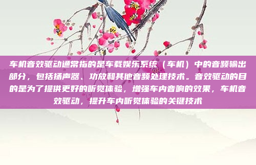 车机音效驱动通常指的是车载娱乐系统（车机）中的音频输出部分，包括扬声器、功放和其他音频处理技术。音效驱动的目的是为了提供更好的听觉体验，增强车内音响的效果，车机音效驱动，提升车内听觉体验的关键技术