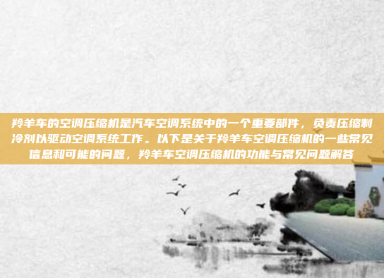 羚羊车的空调压缩机是汽车空调系统中的一个重要部件,负责压缩制冷剂以驱动空调系统工作。以下是关于羚羊车空调压缩机的一些常见信息和可能的问题,羚羊车空调压缩机的功能与常见问题解答