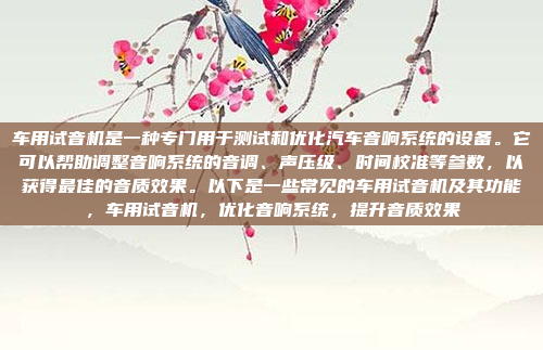 车用试音机是一种专门用于测试和优化汽车音响系统的设备。它可以帮助调整音响系统的音调、声压级、时间校准等参数,以获得最佳的音质效果。以下是一些常见的车用试音机及其功能,车用试音机,优化音响系统,提升音质效果