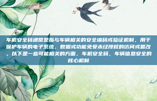车机安全码通常是指与车辆相关的安全编码或验证机制，用于保护车辆的电子系统、数据或功能免受未经授权的访问或篡改。以下是一些可能相关的方面，车机安全码，车辆信息安全的核心机制
