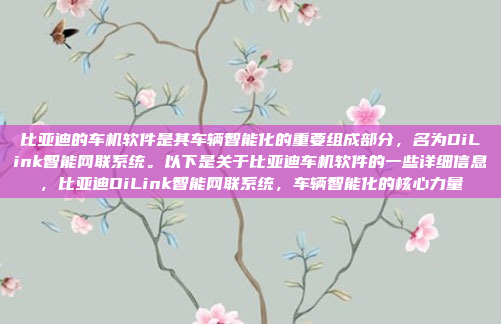 比亚迪的车机软件是其车辆智能化的重要组成部分,名为DiLink智能网联系统。以下是关于比亚迪车机软件的一些详细信息,比亚迪DiLink智能网联系统,车辆智能化的核心力量