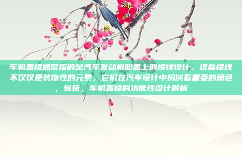 车机盖棱通常指的是汽车发动机舱盖上的棱线设计。这些棱线不仅仅是装饰性的元素,它们在汽车设计中扮演着重要的角色,包括,车机盖棱的功能性设计解析