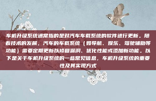 车机升级系统通常指的是对汽车车载系统的软件进行更新。随着技术的发展,汽车的车载系统(如导航、娱乐、驾驶辅助等功能)需要定期更新以修复漏洞、优化性能或添加新功能。以下是关于车机升级系统的一些常见信息,车机升级系统的重要性及其实现方式