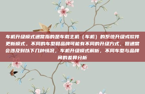 车机升级模式通常指的是车载主机(车机)的系统升级或软件更新模式。不同的车型和品牌可能有不同的升级方式,但通常会涉及到以下几种情况,车机升级模式解析,不同车型与品牌间的差异分析
