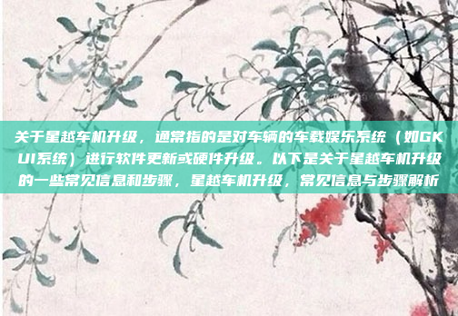 关于星越车机升级,通常指的是对车辆的车载娱乐系统(如GKUI系统)进行软件更新或硬件升级。以下是关于星越车机升级的一些常见信息和步骤,星越车机升级,常见信息与步骤解析