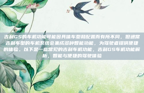 吉利GS的车机功能可能因具体车型和配置而有所不同,但通常吉利车型的车机系统会集成多种智能功能,为驾驶者提供便捷的体验。以下是一些常见的吉利车机功能,吉利GS车机功能解析,智能与便捷的驾驶体验