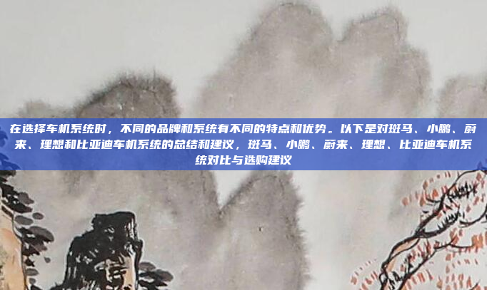 在选择车机系统时,不同的品牌和系统有不同的特点和优势。以下是对斑马、小鹏、蔚来、理想和比亚迪车机系统的总结和建议,斑马、小鹏、蔚来、理想、比亚迪车机系统对比与选购建议