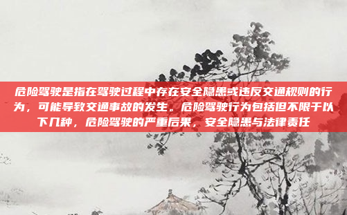 危险驾驶是指在驾驶过程中存在安全隐患或违反交通规则的行为,可能导致交通事故的发生。危险驾驶行为包括但不限于以下几种,危险驾驶的严重后果,安全隐患与法律责任