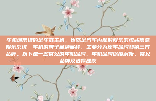 车机通常指的是车载主机，也就是汽车内部的娱乐系统或信息娱乐系统。车机的牌子多种多样，主要分为原车品牌和第三方品牌。以下是一些常见的车机品牌，车机品牌深度解析，常见品牌及选择建议