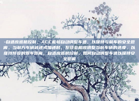 -自适应巡航控制，ACC能够自动调整车速，以保持与前车的安全距离。当前方车辆减速或加速时，系统会相应调整当前车辆的速度，以维持预设的跟车距离，自适应巡航控制，如何自动调整车速以保持安全距离