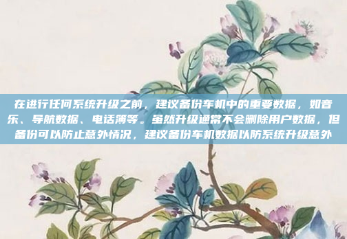 在进行任何系统升级之前，建议备份车机中的重要数据，如音乐、导航数据、电话簿等。虽然升级通常不会删除用户数据，但备份可以防止意外情况，建议备份车机数据以防系统升级意外