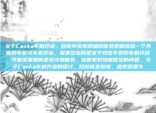 关于Caska车机升级，目前并没有明确的信息表明这是一个具体的车型或车机系统。如果您指的是某个特定车型的车机升级，可能需要提供更多详细信息，以便更好地解答您的问题，关于Caska车机升级的探讨，目前信息有限，需更多细节
