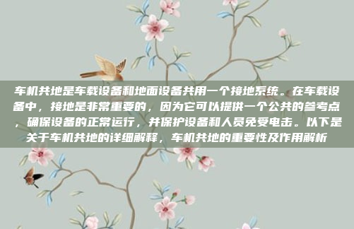 车机共地是车载设备和地面设备共用一个接地系统。在车载设备中，接地是非常重要的，因为它可以提供一个公共的参考点，确保设备的正常运行，并保护设备和人员免受电击。以下是关于车机共地的详细解释，车机共地的重要性及作用解析