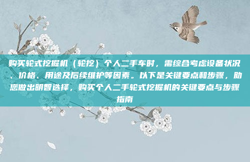 购买轮式挖掘机（轮挖）个人二手车时，需综合考虑设备状况、价格、用途及后续维护等因素。以下是关键要点和步骤，助您做出明智选择，购买个人二手轮式挖掘机的关键要点与步骤指南
