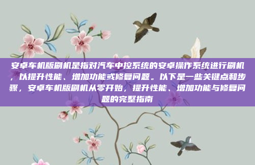 安卓车机版刷机是指对汽车中控系统的安卓操作系统进行刷机，以提升性能、增加功能或修复问题。以下是一些关键点和步骤，安卓车机版刷机从零开始，提升性能、增加功能与修复问题的完整指南